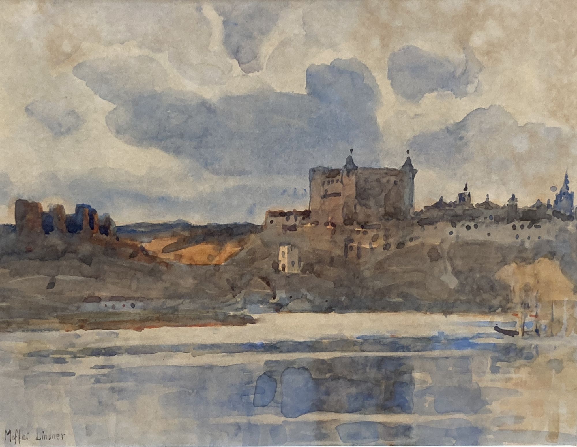 Mofat Lindner, watercolour, Waterside castle, signed, 23 x 30cm